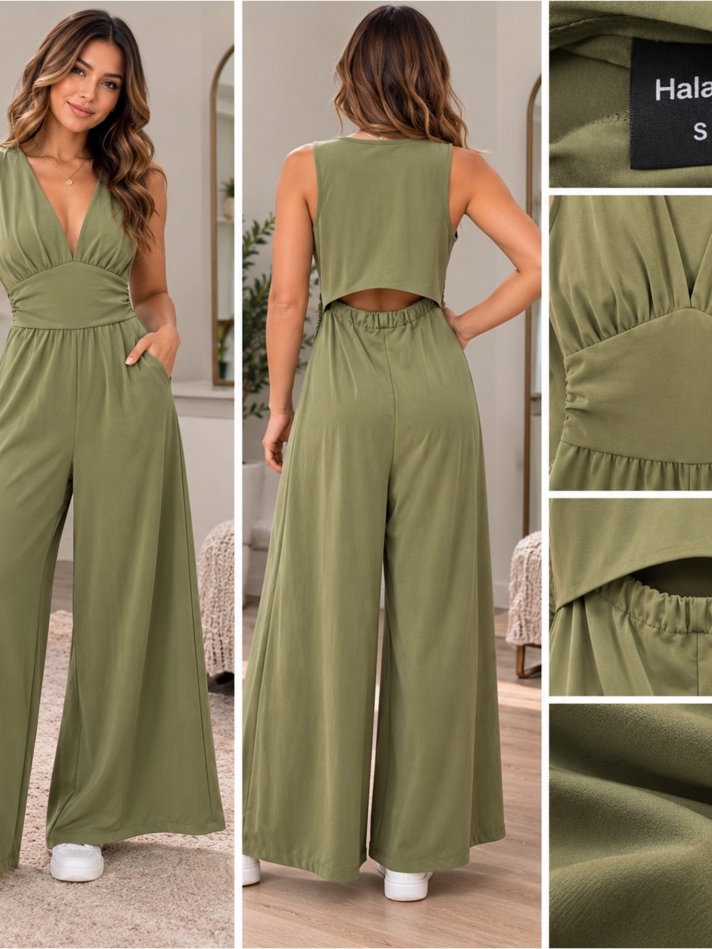 HALARA Olive Green Wide-Leg Jumpsuit with Cutout Back